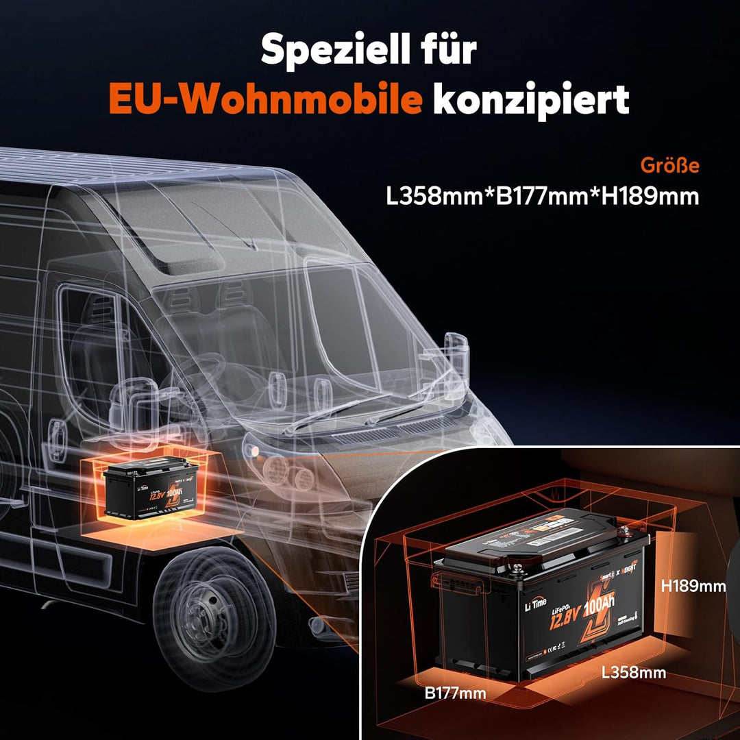 LiTime LiFePO4 12V 100Ah Bluetooth Lithium Batterie - 15000 Zyklen, 200A BMS, 2C Entladung, Smart He