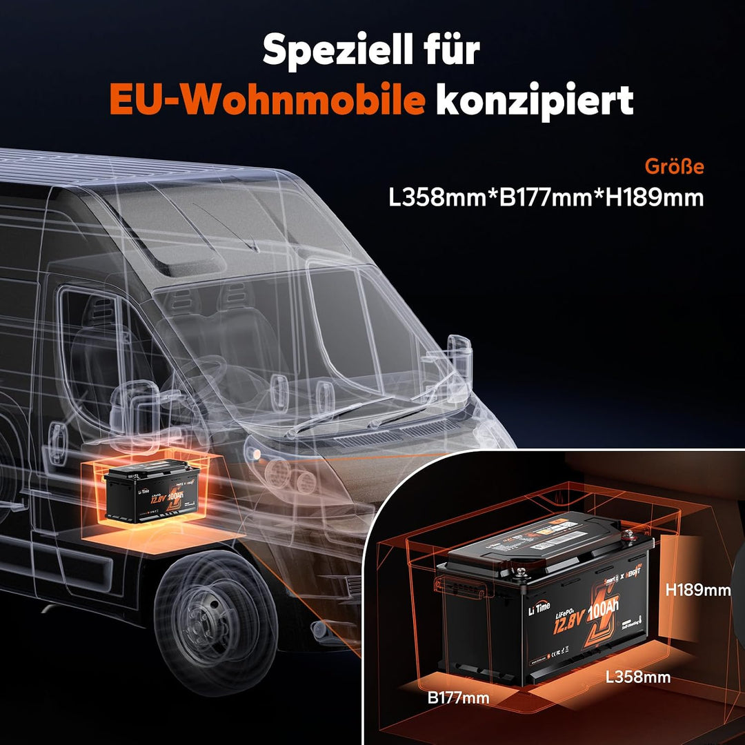 LiTime 12V 100Ah LiFePO4 Bluetooth H190 Lithium Battery für Wohnmobil in DIN H8 L5 Grösse, 15000-Zyk