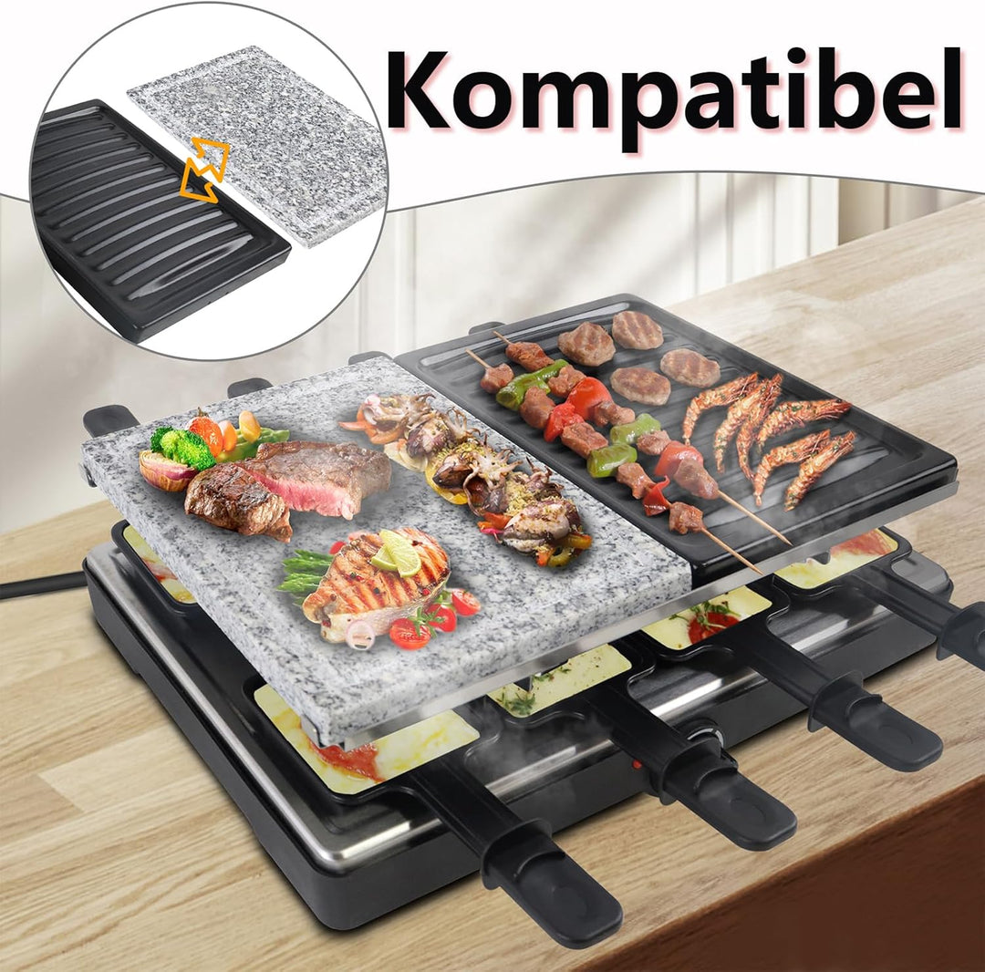 HENGMEI Raclette Grill, Tischgrill Elektrisch, Edelstahl Elektrogrill mit Pfännchen, Antihaftbeschic
