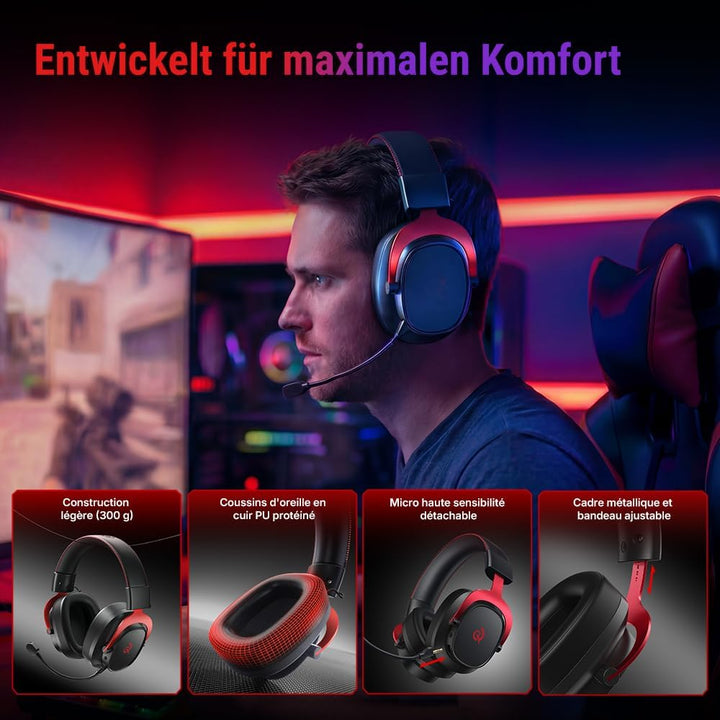 QCY Heroad VT200 Gaming Headset Wireless,2.4Ghz kabellos Headset Mit Mikrofon,7.1 Surround Sound,Blu