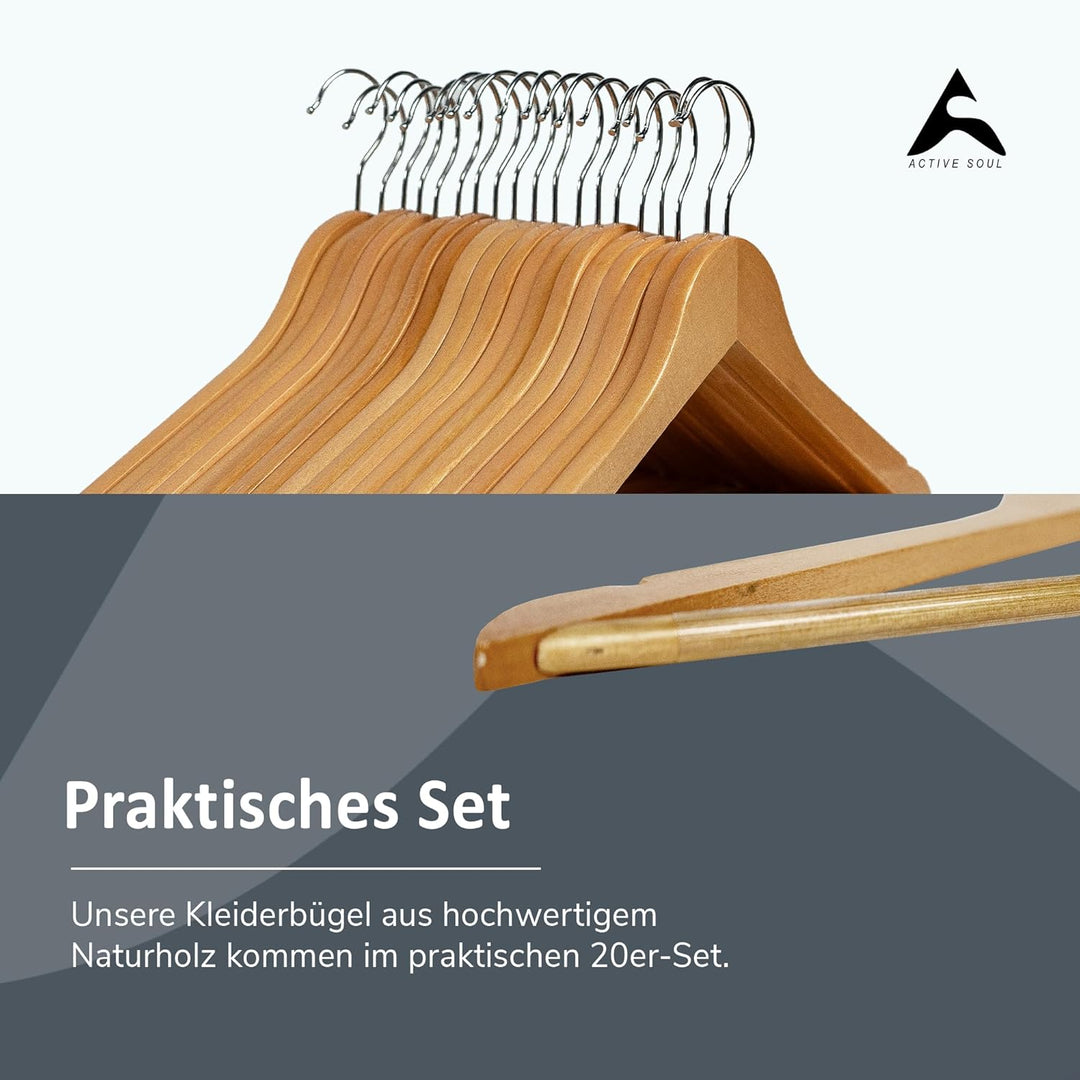 A ACTIVE SOUL – Kleiderbügel Holz 20er Set – Holzkleiderbügel mit Einkerbungen für Kleider & Mittels