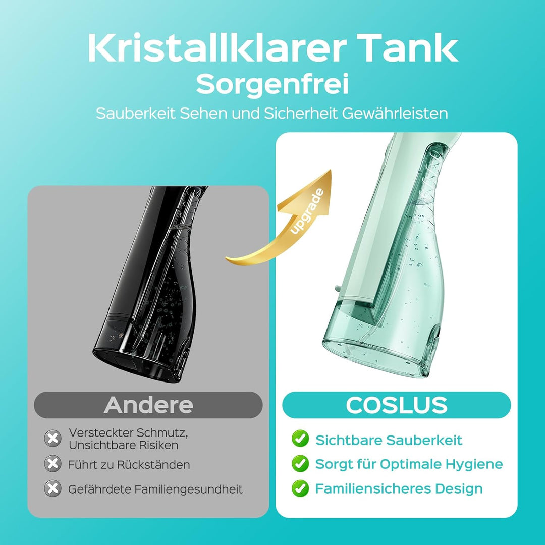 COSLUS Munddusche Kabellos Tragbar Elektrische Zahnreiniger, 300ML Wassertank Wiederaufladbar Zahndu