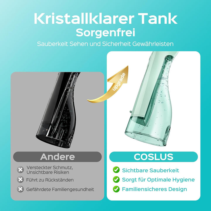 COSLUS Munddusche Kabellos Tragbar Elektrische Zahnreiniger, 300ML Wassertank Wiederaufladbar Zahndu