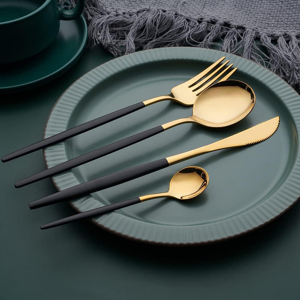 OUQIWEN16 Stück Besteck Schwarz Gold,Edelstahl Besteckset,Einschliesslich Steakmesser/Tafelgabeln/Su