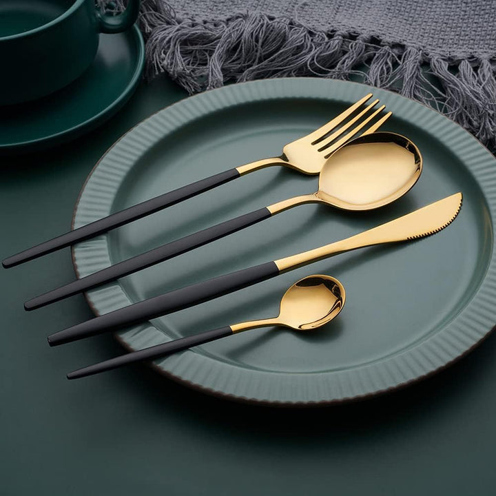 OUQIWEN16 Stück Besteck Schwarz Gold,Edelstahl Besteckset,Einschliesslich Steakmesser/Tafelgabeln/Su