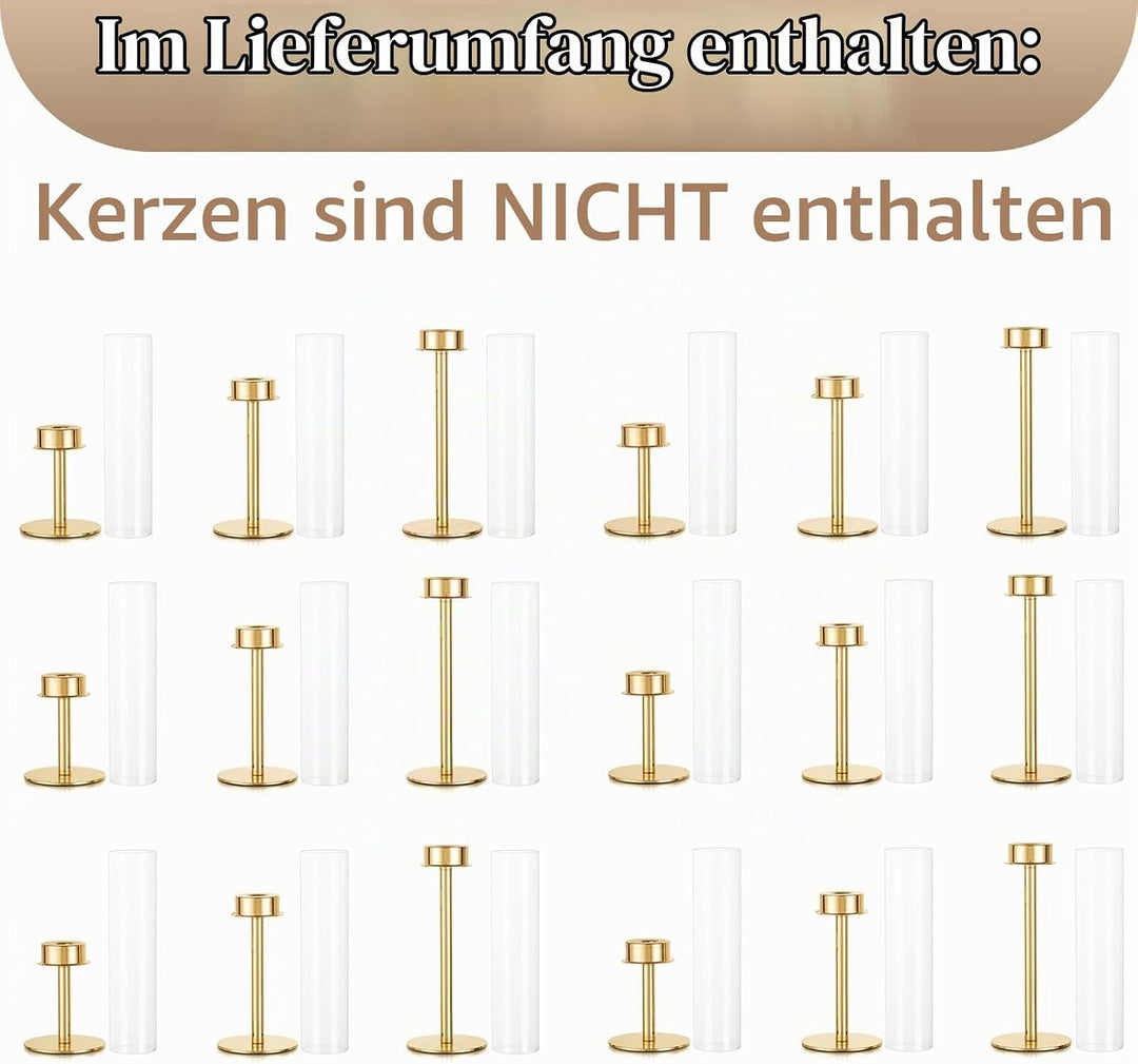 Sziqiqi 18 Stück Kerzenständer Stabkerzenhalter Gold mit Glas für Hochzeitstisch Deko - 48cm Modern