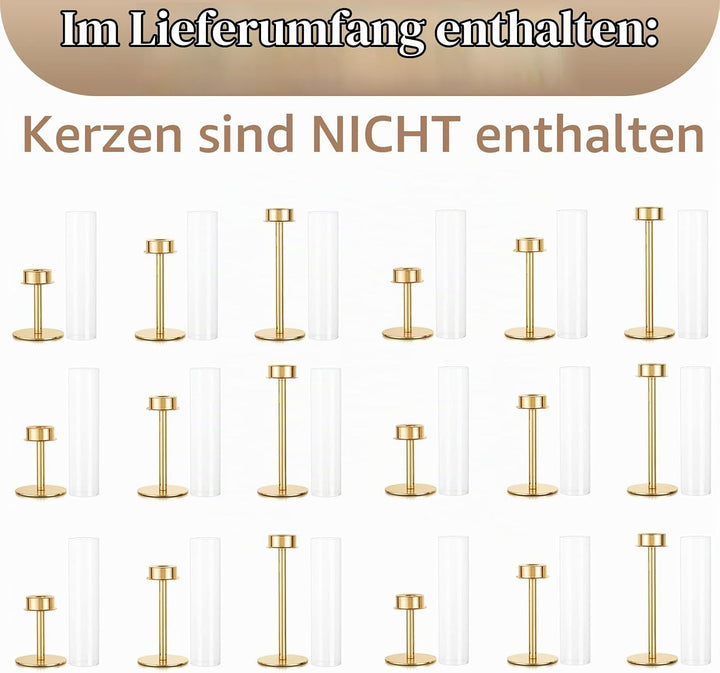 Sziqiqi 18 Stück Kerzenständer Stabkerzenhalter Gold mit Glas für Hochzeitstisch Deko - 48cm Modern