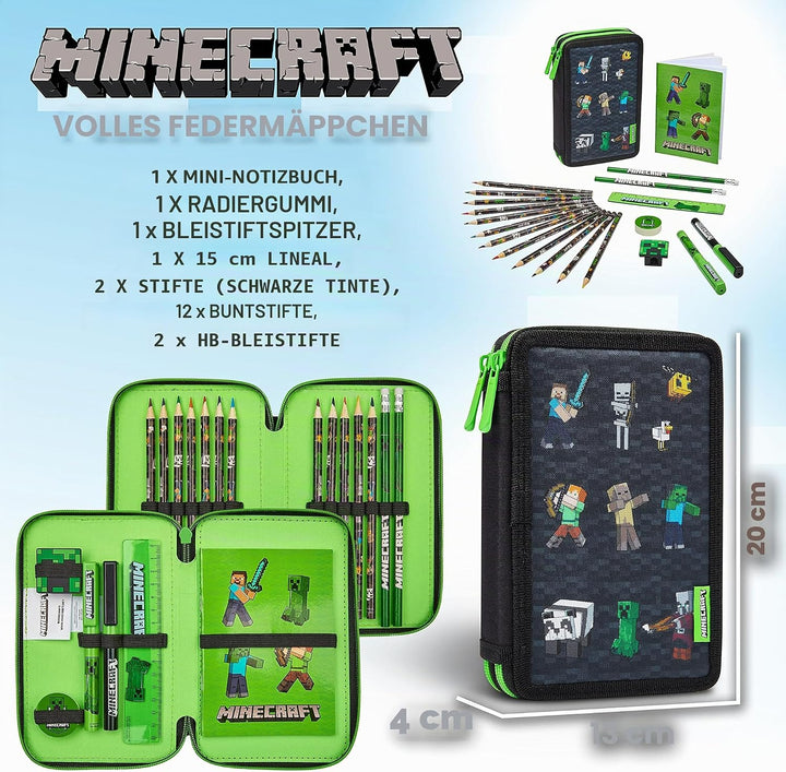 Minecraft Federmäppchen Jungen und Mädchen Mäppchen Gefüllt Creeper Federmappe mit Schreibwaren Game