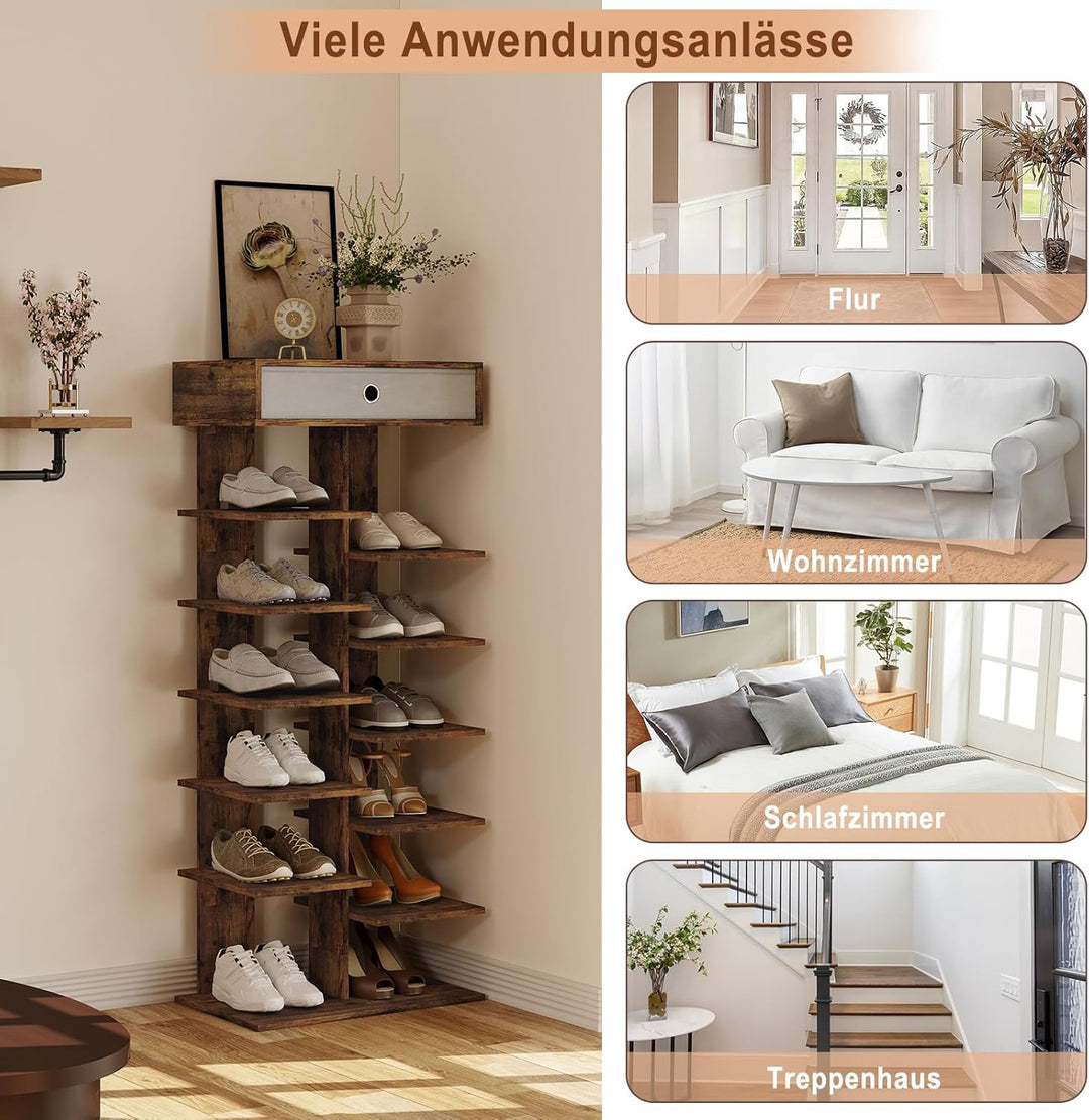 WOLTU Schuhregal mit Schublade, Holzoptik,Schuhschrank mit 12 Ablagen,Schuh-Organizier, Schuhaufbewa