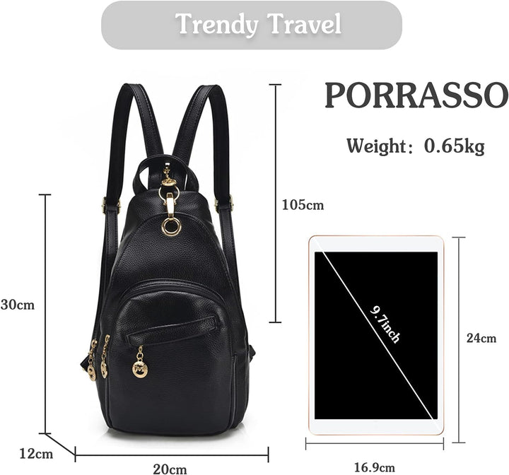 PORRASSO Damen Brusttasche Klein Rucksack Mode Sling Bag Frauen Schultertasche Wasserdicht PU Leder