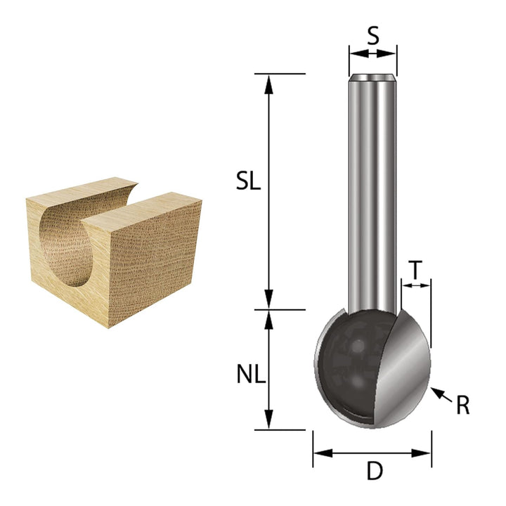 ENT 17065 Kugelfräser HW, Schaft (S) 8 mm, Durchmesser (D) 14 mm, NL 12,36 mm, R 7 mm, T 3 mm, SL 32