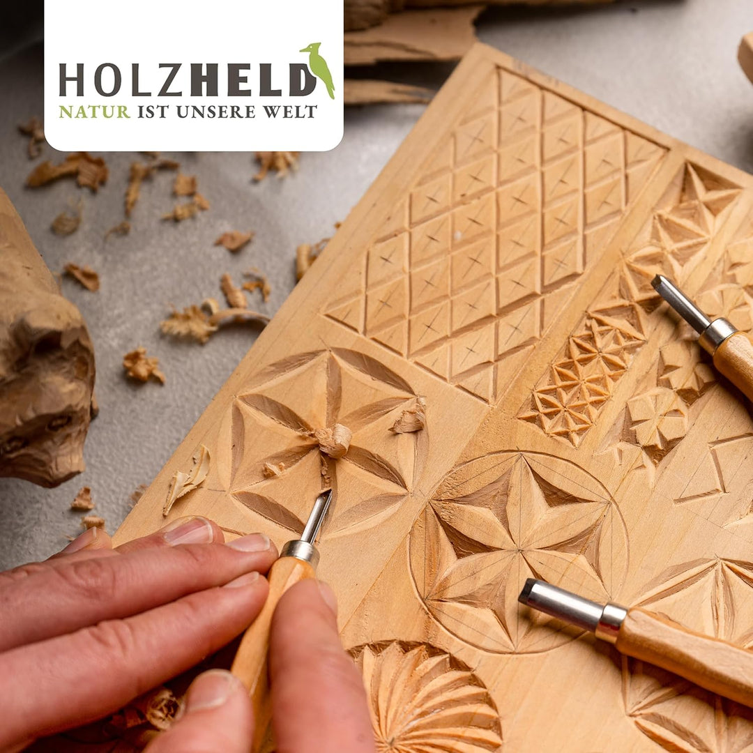 HOLZHELD Schnitzwerkzeug -Set (16-teilig) in hochwertig verarb. Ledertasche. Schnitzset mit hochwert