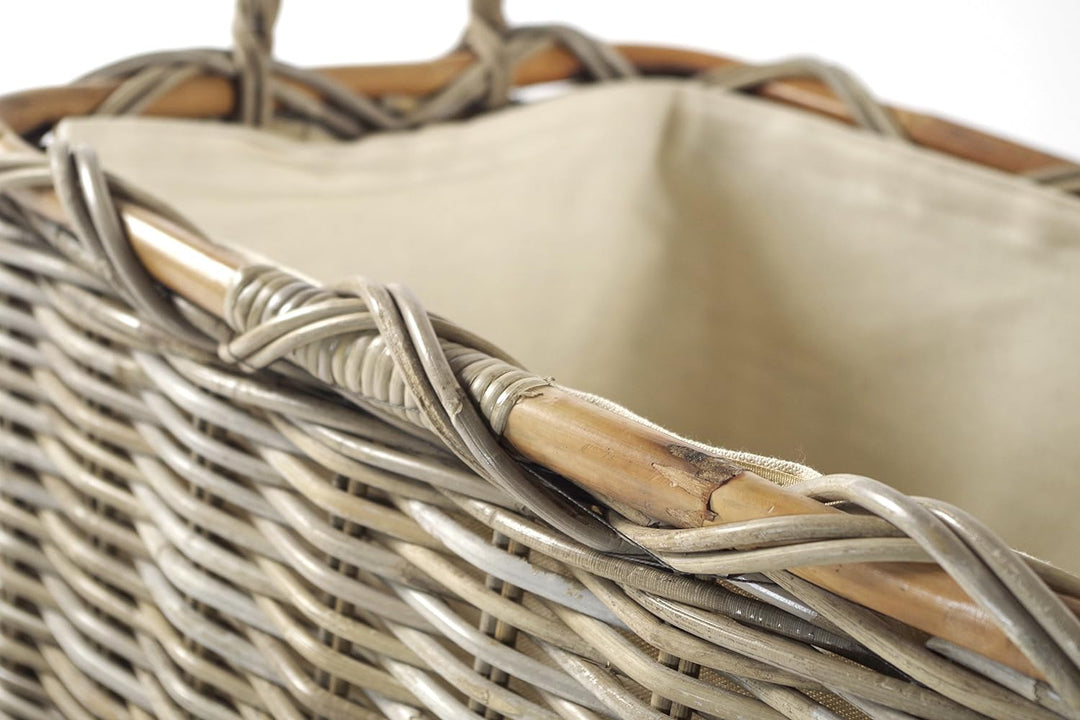 Kobolo Holzkorb für Kaminholz rechteckig Kubu grey aus Rattan mit Griffen und Leinen Kubu Grau Stoff