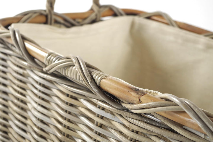 Kobolo Holzkorb für Kaminholz rechteckig Kubu grey aus Rattan mit Griffen und Leinen Kubu Grau Stoff