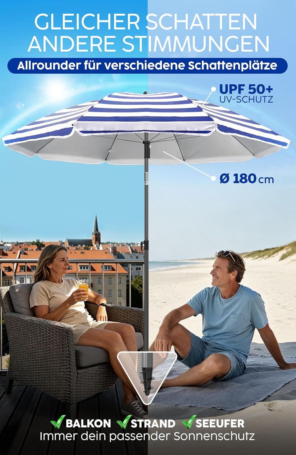 4smile Sonnenschirm Strand SunnyJoy, Blau-Weiss - UPF 50+ Strandschirm Ø 180 cm, sicherer Sonnenschu