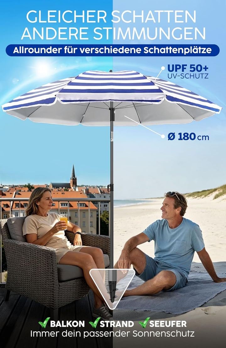 4smile Sonnenschirm Strand SunnyJoy, Blau-Weiss - UPF 50+ Strandschirm Ø 180 cm, sicherer Sonnenschu