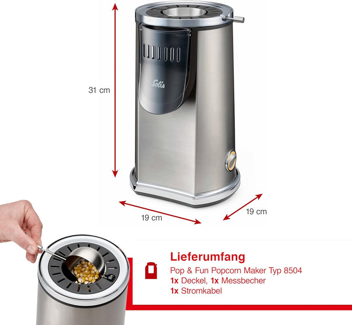 Solis Pop & Fun Popcornmaschine – schnelle & geräuscharme Zubereitung, Edelstahl, 2-in-1 Butterschme