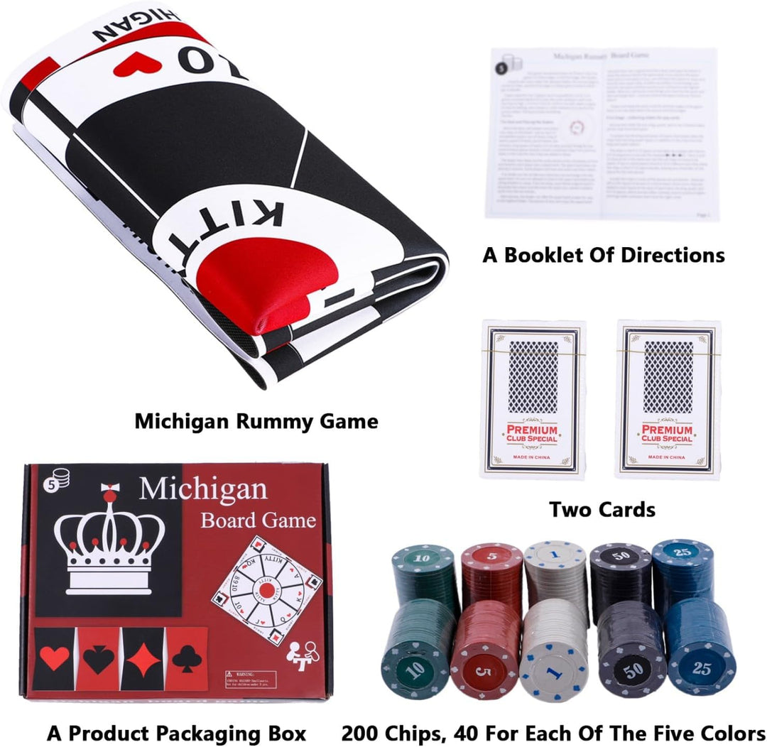 3-in-1 Michigan Rummy Spiel Set, Tripoley mit Filzmatte, 200 Pokerchips, 2 Kartenspielen, Tasche & A