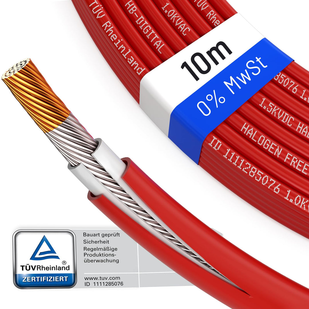 HB-DIGITAL 10m Solarkabel 6mm² H1Z2Z2-K inkl. 0% MwSt. gem. § 12 Abs. 3 UStG - TÜV Rheinland zertifi