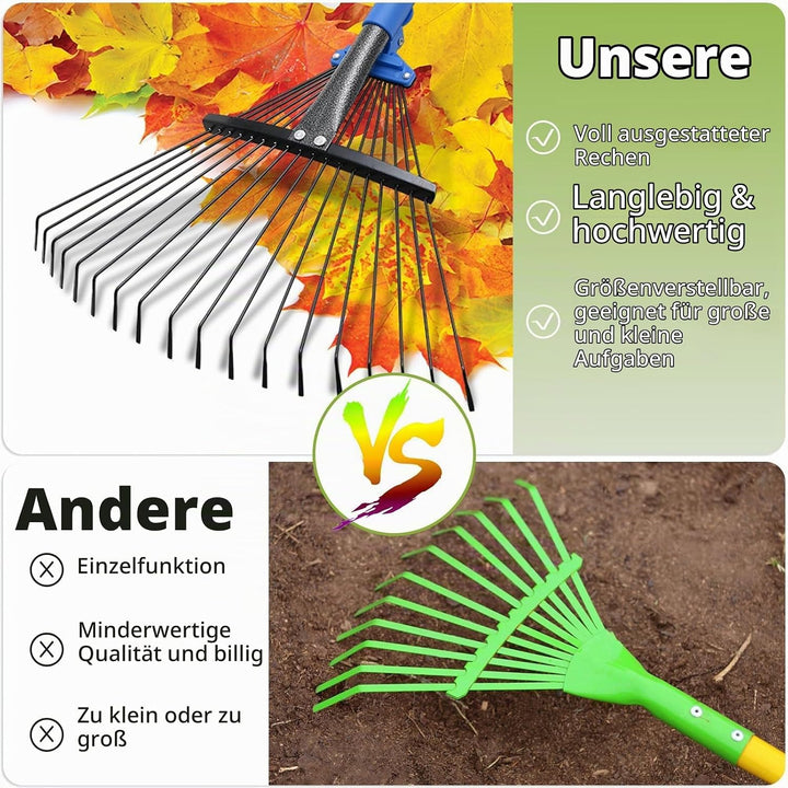 Gartenrechen Laubrechen, 18-zinkiger Metallrechen mit verstellbarem Kopf 25-45 cm, Rasenrechen Laubb
