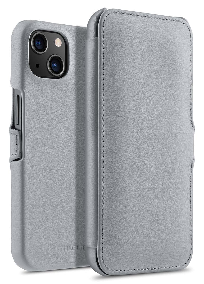 STILGUT Book Case kompatibel mit iPhone 13 (6.1“) Hülle aus Leder mit Clip-Verschluss, Klapphülle, H