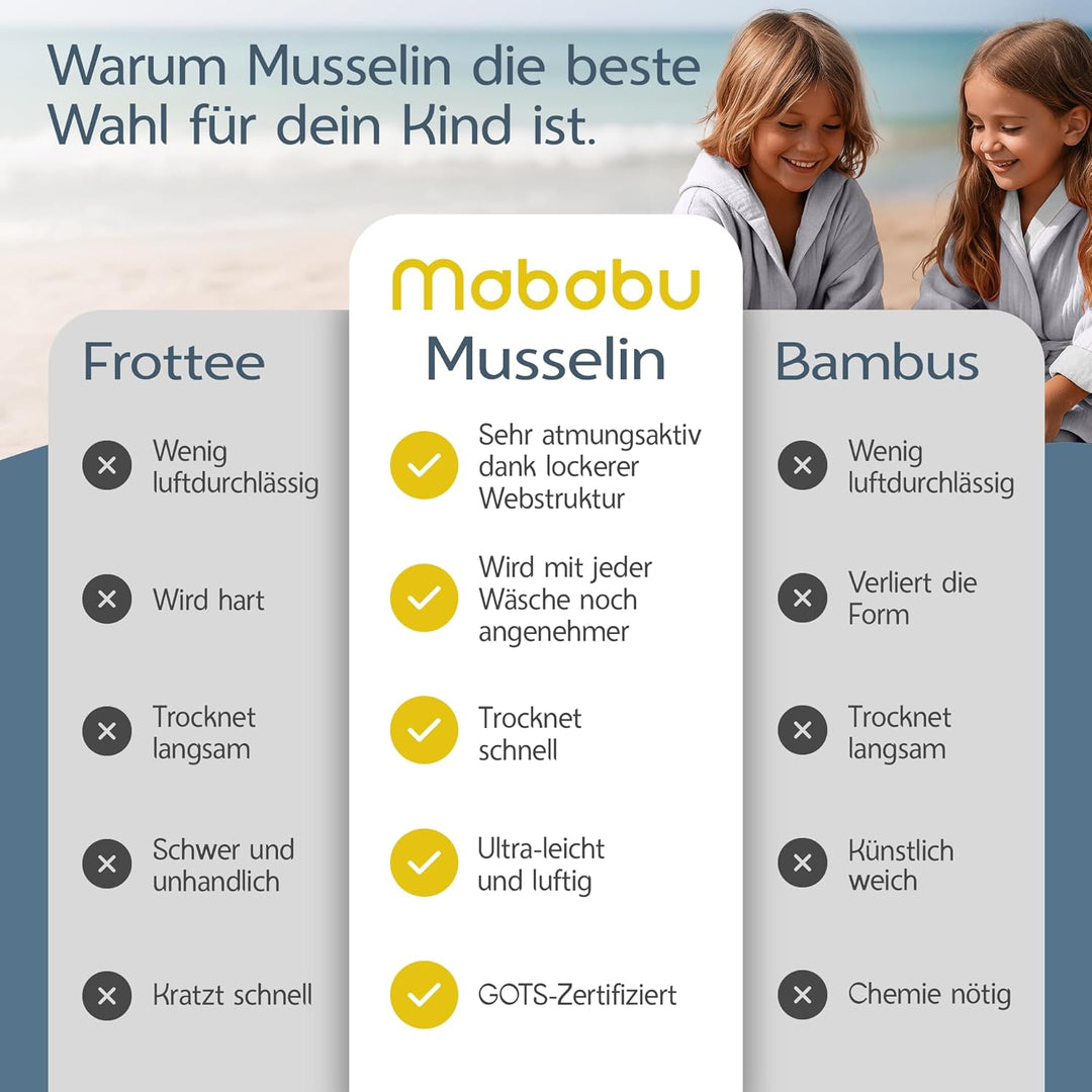 Bademantel Kinder mit Kapuze | 100% Bio-Baumwolle GOTS Zertifiziert | Premium Musselin Kinderbademan