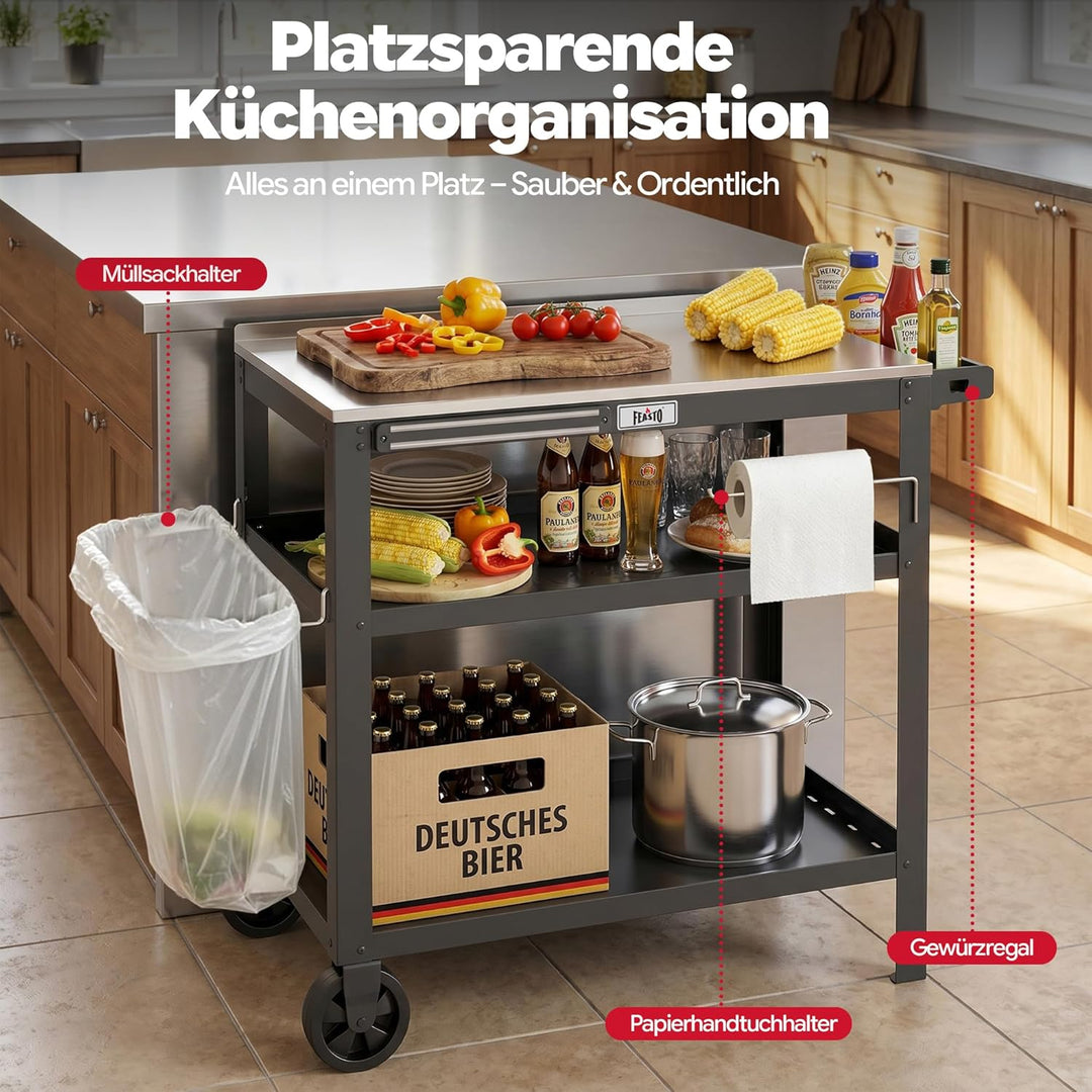 Feasto 3 Etagen Grillwagen mit Edelstahlplatte, Mobile Grilltisch mit Gewürzregal & Magnetleiste, Ou