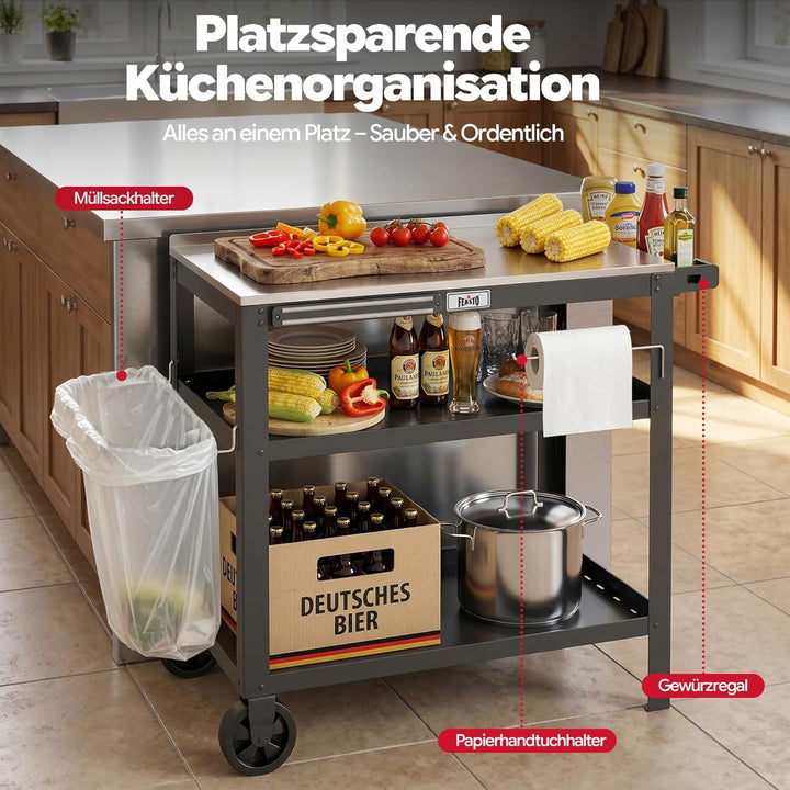 Feasto 3 Etagen Grillwagen mit Edelstahlplatte, Mobile Grilltisch mit Gewürzregal & Magnetleiste, Ou