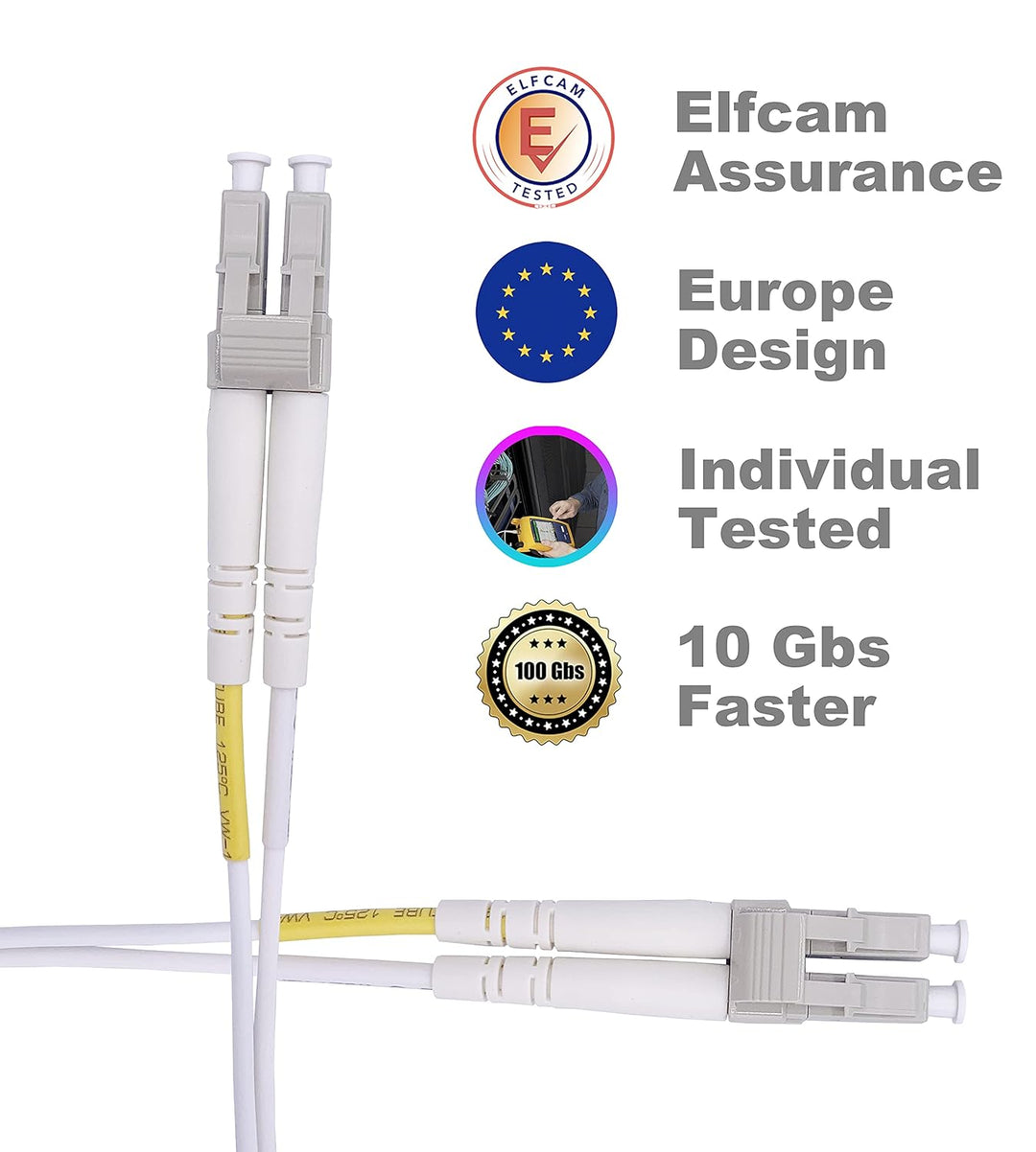 Elfcam® - LWL Glasfaser-Kabel LC/UPC auf LC/UPC 50/125um OM3 Multimode Duplex LSZH, Farbe Weiss, 100