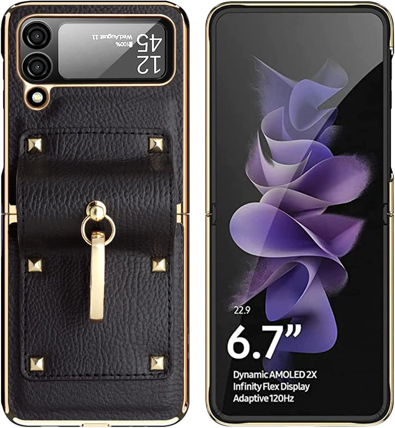 COQUE Hülle für Galaxy Z Flip 4,Schutzfolie Shell All-in-One Leder All-Inclusive Handyhülle mit Ring