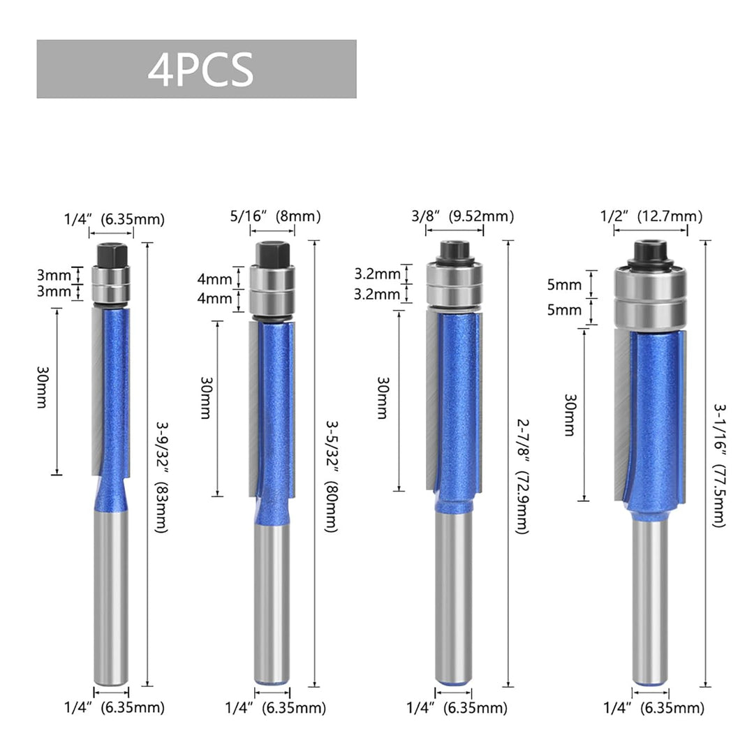 Yuentoen 4 Stück Bündigfräser Fräser Set,Blau Bündigfräser 1/4 Zoll Schaft, Doppelseitiger Fräser mi