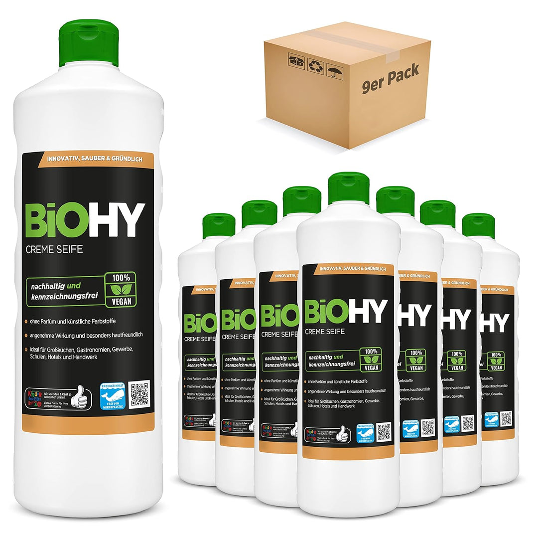 BiOHY Creme Seife (9 x 1 Liter) | Hautschonende, rückfettende & geruchsneutrale Handseife | flüssige