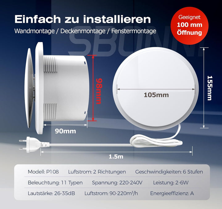Abluftventilator 100mm - 11 Lichteffekte, 2 Richtungen Ventilaton, 6 Geschwindigkeiten, Leiser Badlü