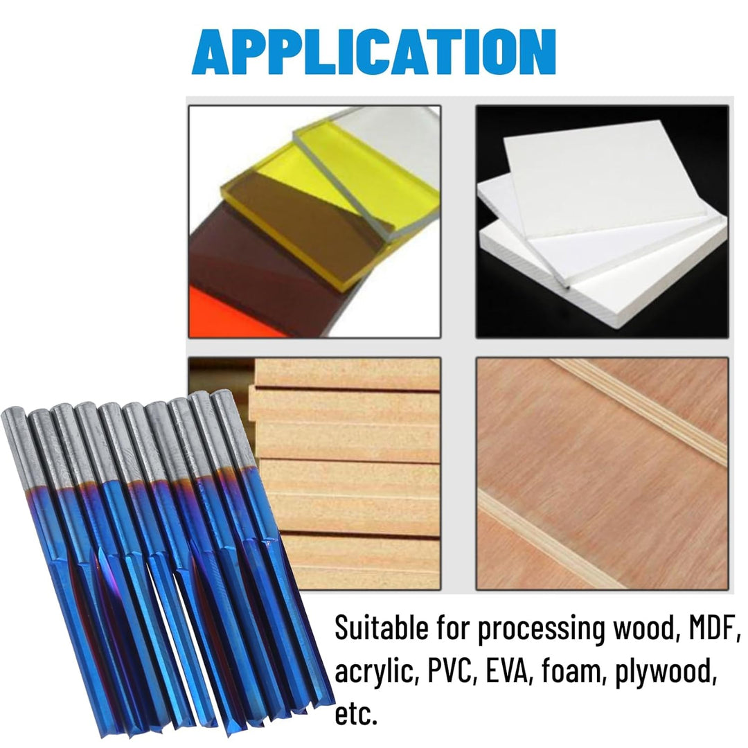 10Pcs 3.175mm CNC Fräser Hartmetall 2-Flöten Gerade Nano Blue Coating Schaftfräser, Grifffräswerkzeu