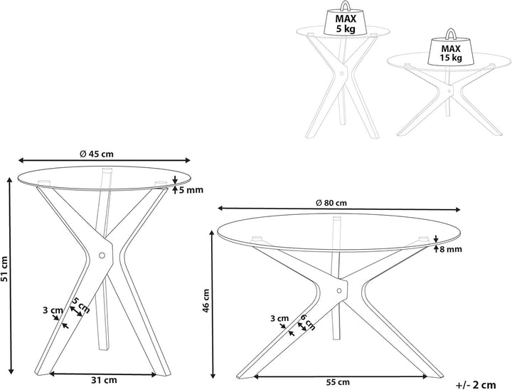 Couchtisch 2er Set Glas trasparent mit Holzbeinen hellbraun rund modern Valley