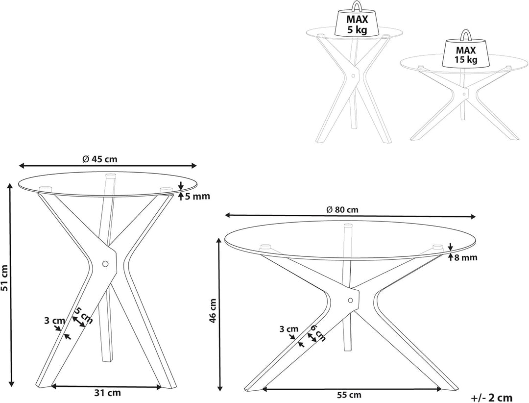 Couchtisch 2er Set Glas trasparent mit Holzbeinen hellbraun rund modern Valley