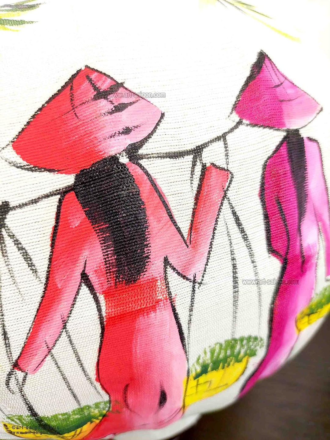 Asiatische Laterne aus Weissem Leinenstoff R - Durchmesser Ø38cm - Handbemalte Laterne mit Motiv Vie