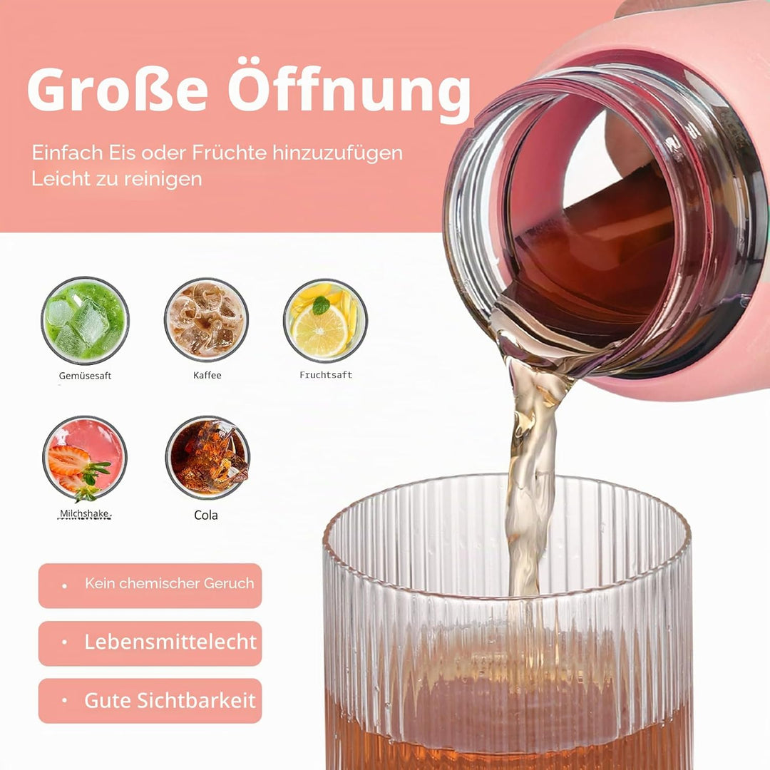 BLUEGO 700ml Trinkflasche Glas mit Strohhalm und Griff Auslaufsichere Wasserflasche mit Silikonhülle