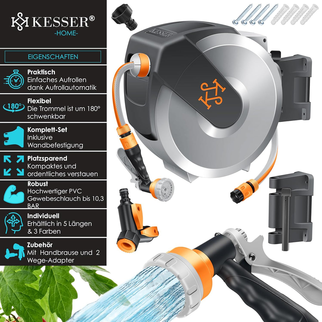 KESSER® Schlauchtrommel mit Gartenschlauch 25m | Wasserschlauchtrommel zur Wandmontage | Wandhalteru
