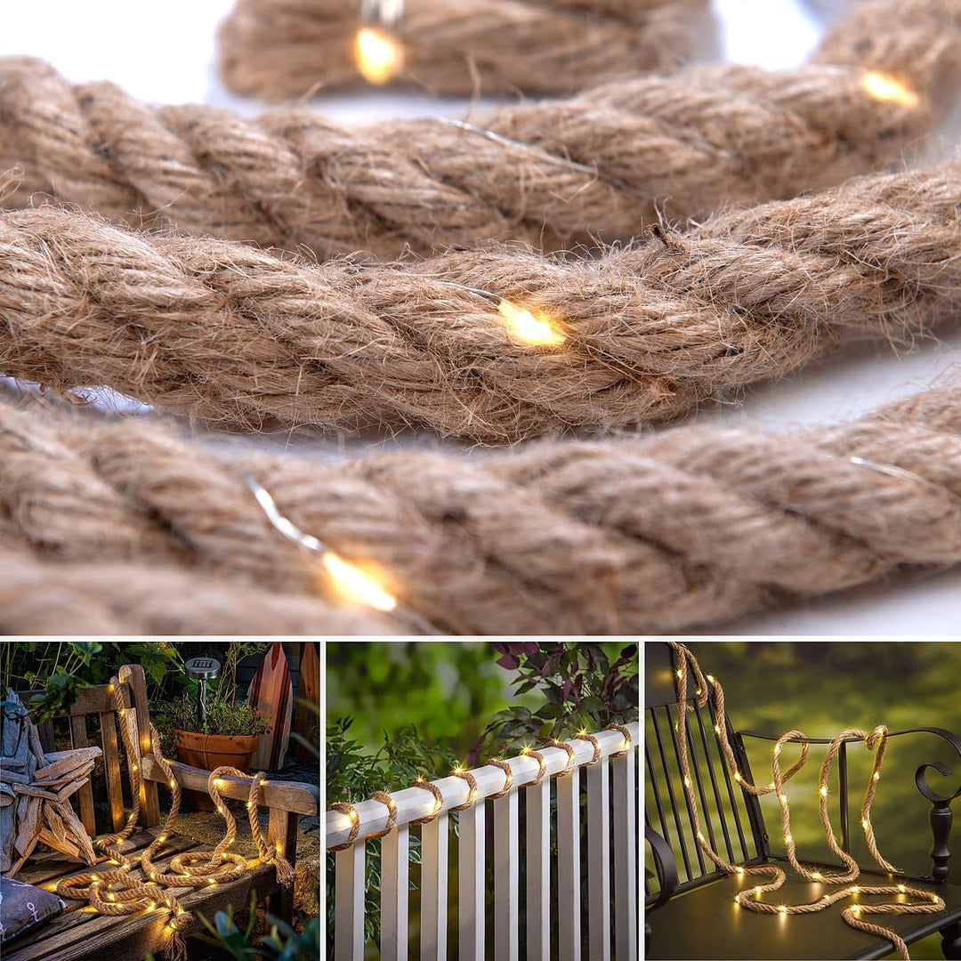 Lunartec Solar-Jute-Lichterkette: Solar-Seil-Lichterkette aus Naturfasern mit 60 eingearbeiteten LED