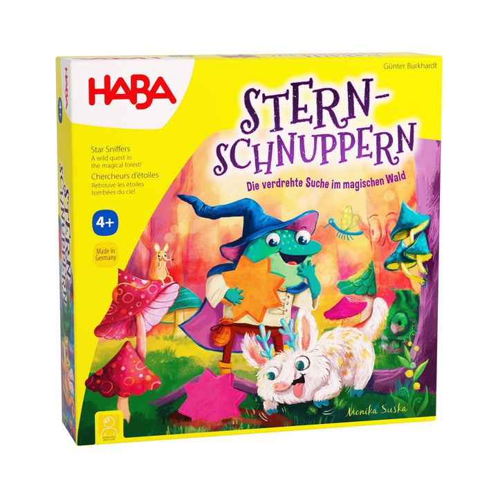 HABA Kinderspiel Sternschnuppern – Sammelspiel mit Drehmechanismus, 48 Bunte Holzsterne, 2 Spielvari