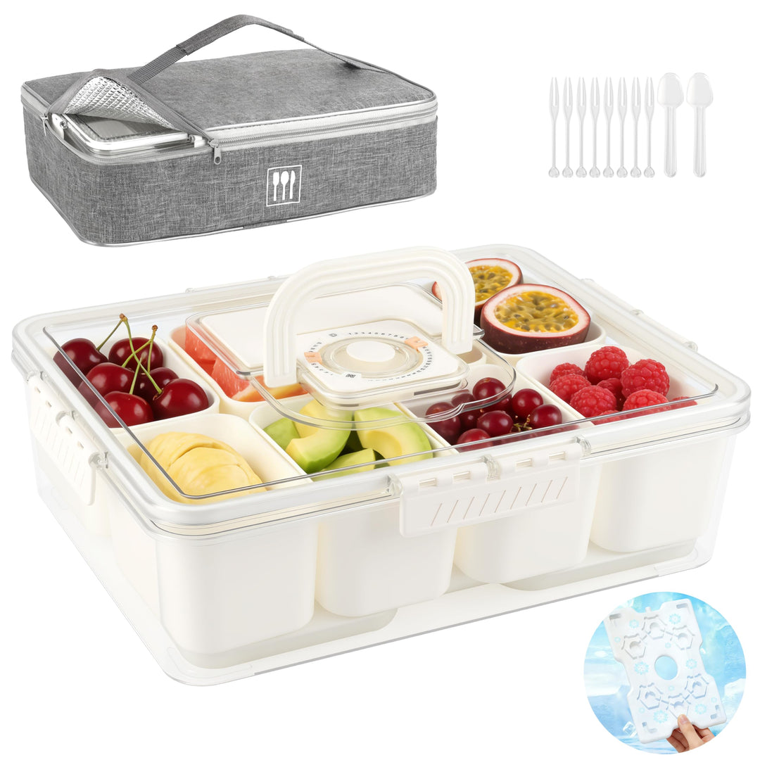 IEEILULU Snackbox mit 8 Fächern, Snackbox mit Kühlakku und Tragetasche für Obst, Snacks, Saucen usw,
