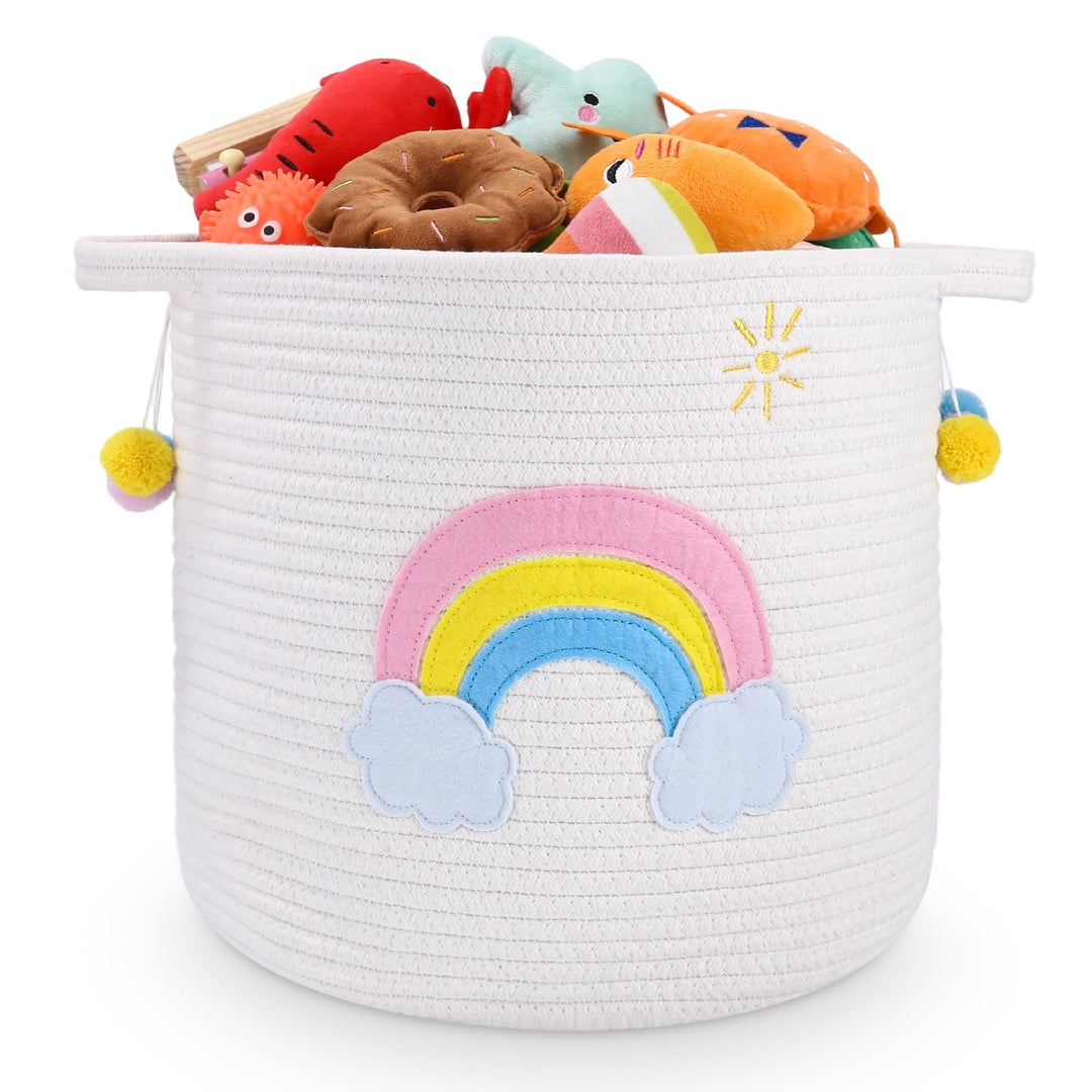 Aufbewahrungskorb Kinder mit Griffen, Wäschekorb Gewebter Baumwollseilkorb mit Stickerei Buntes Rege