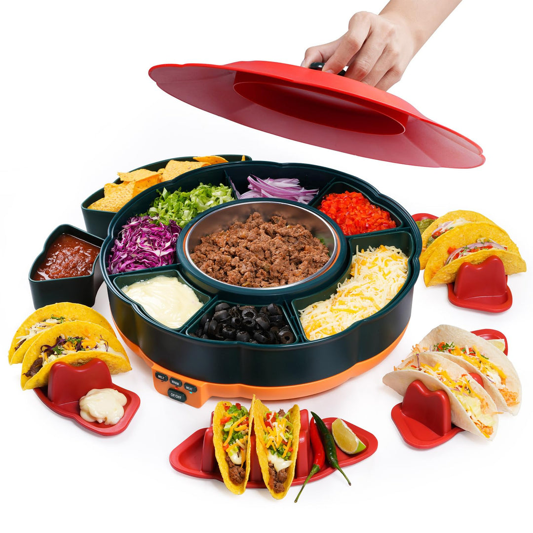 Taco Tuesday Set, Taco Servierset & Schokoladen Fondue mit 1 L Heiz Topf, 3 Temperaturstufen, 4 Halt