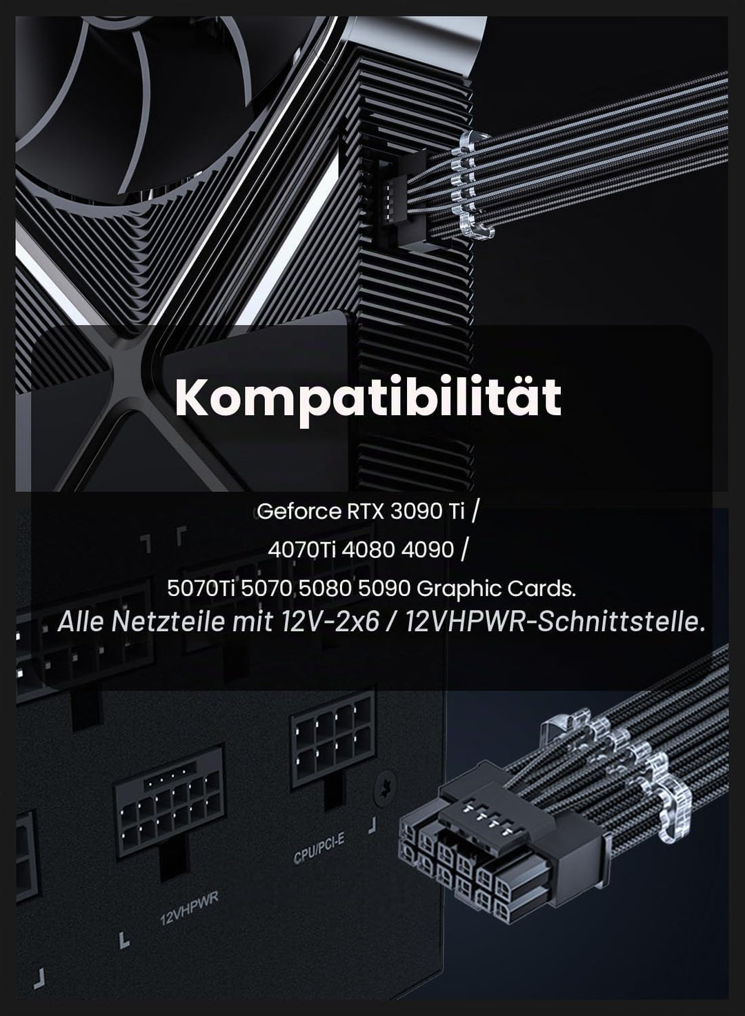 Fasgear PCI-e Gen 5.0 12VHPWRStromkabel–70cm 16Pin (12+4 Pin) 12VHPWR Stecker auf Stecker ummantelte