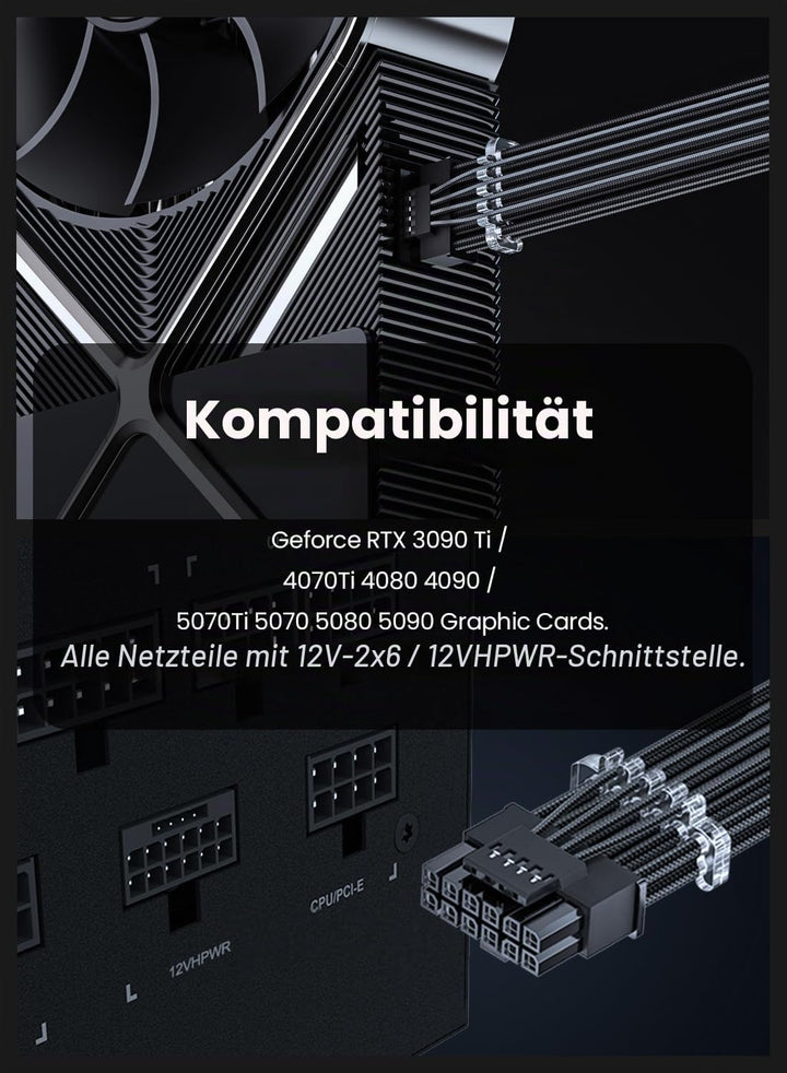 Fasgear PCI-e Gen 5.0 12VHPWRStromkabel–70cm 16Pin (12+4 Pin) 12VHPWR Stecker auf Stecker ummantelte