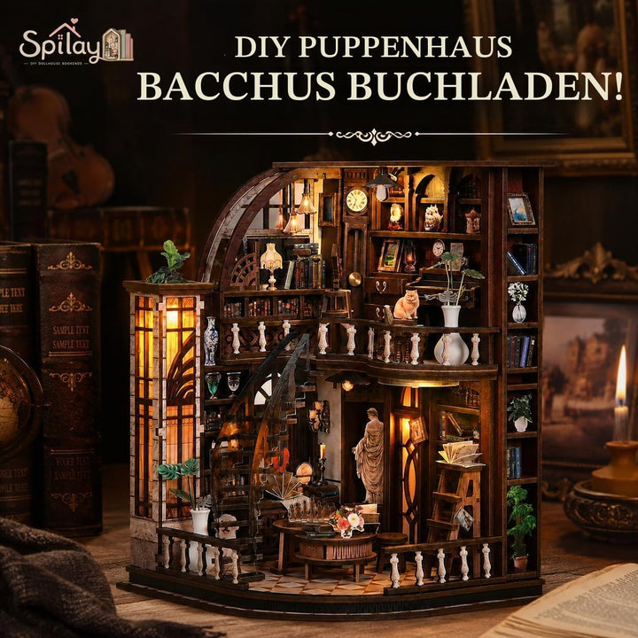 Spilay Miniatur Haus, Bacchus Bookstore 3D Holzpuzzle mit LED | DIY Miniature House Kit für Erwachse