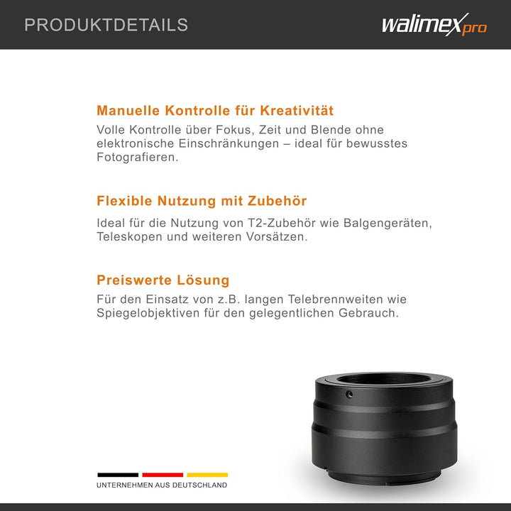 Walimex pro T2 Adapter für Canon R - Adapterring mit manuellem Fokus, einfache Handhabung, Objektiv-