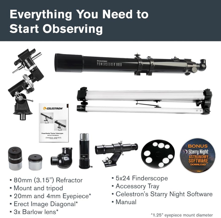 Celestron 21048 PowerSeeker 80EQ Refraktor-Teleskop - mit Zwei Okularen, seitenrichtigem Spiegel, Ei