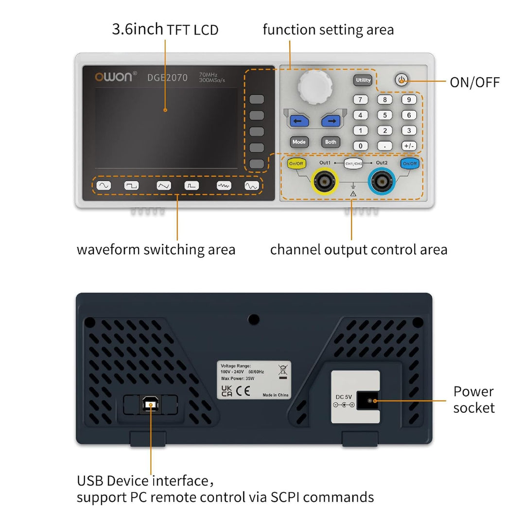 OWON DGE2070 Dual Channels 70 MHz Funktionsgenerator, 3,6 Zoll LCD-Display, tragbarer willkürlicher